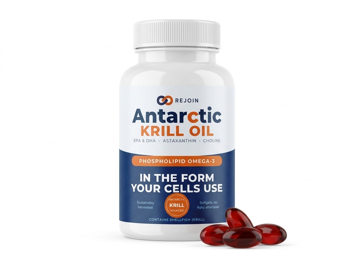 Rejoin Antarctic Krill Oil bottle with red softgels on a clean background
