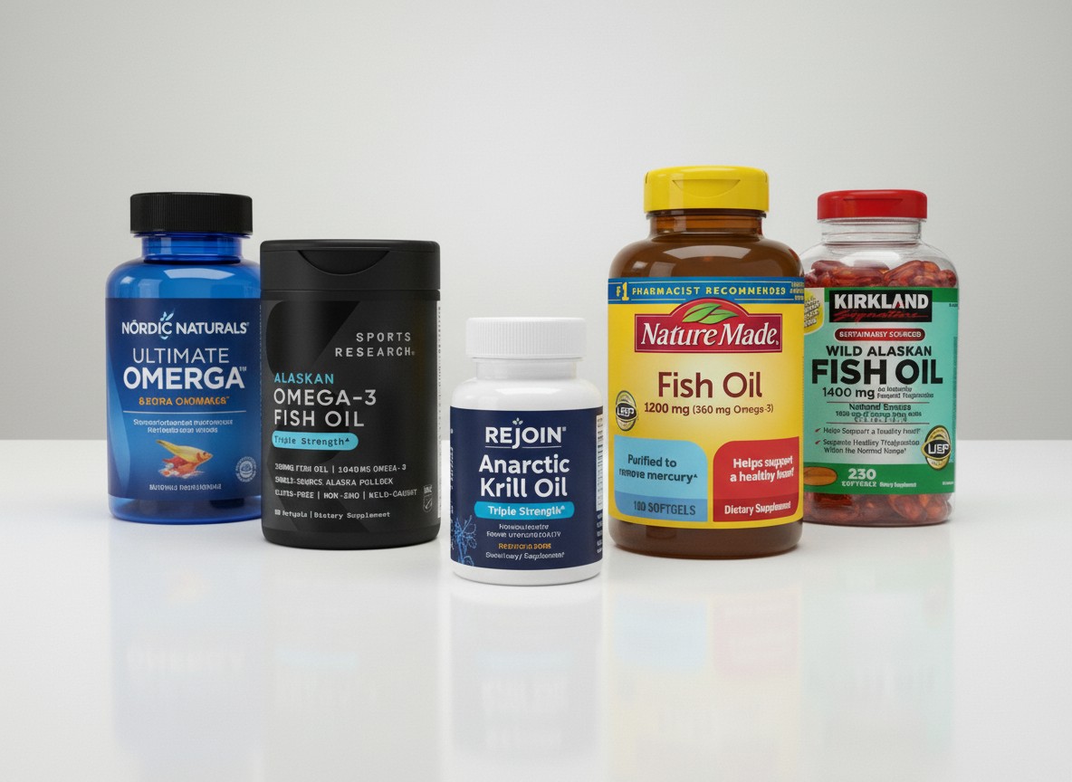 The five omega-3 supplements compared side by side: Rejoin Antarctic Krill Oil, Nordic Naturals Ultimate Omega, Sports Research Triple Strength Omega-3, Nature Made Fish Oil 1,200 mg and Kirkland Signature Wild Alaskan Fish Oil