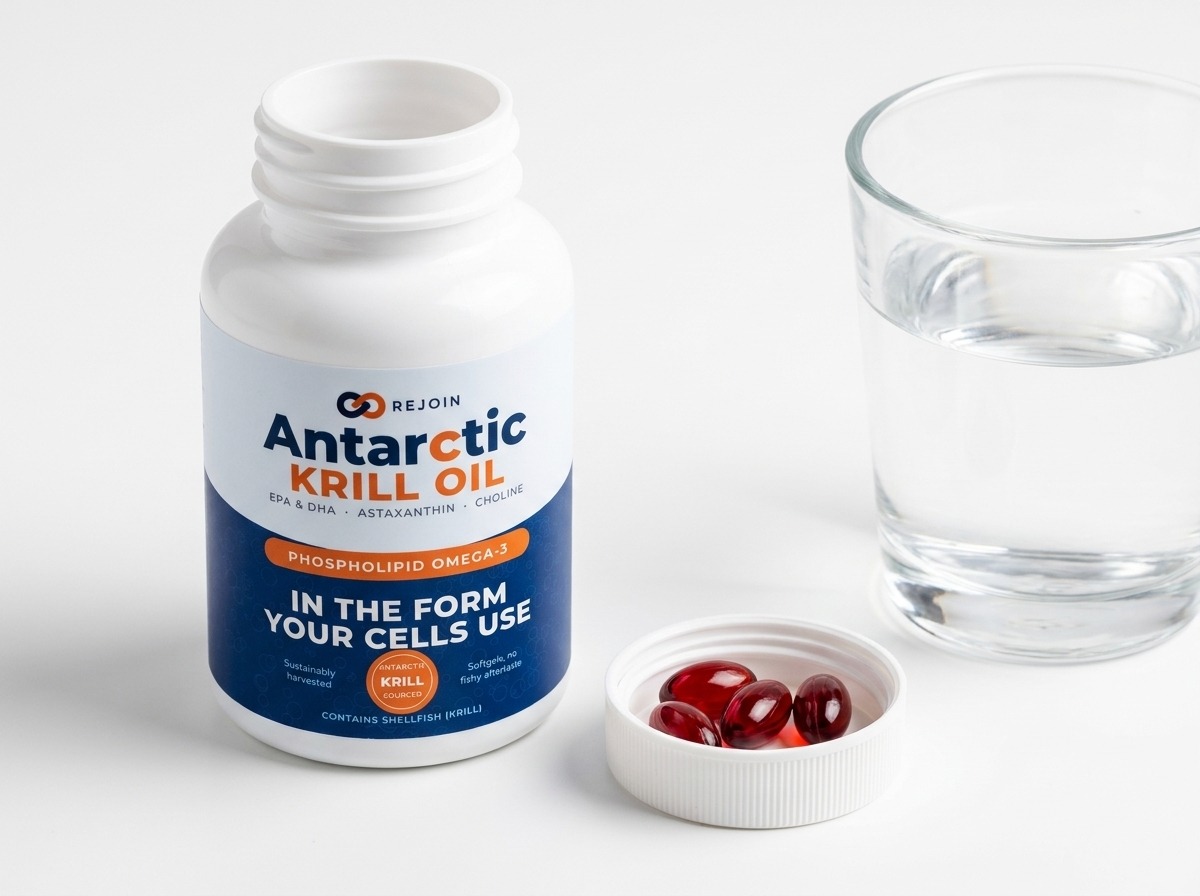 Rejoin Antarctic Krill Oil bottle with four small red softgels in the cap beside it, next to a glass of water
