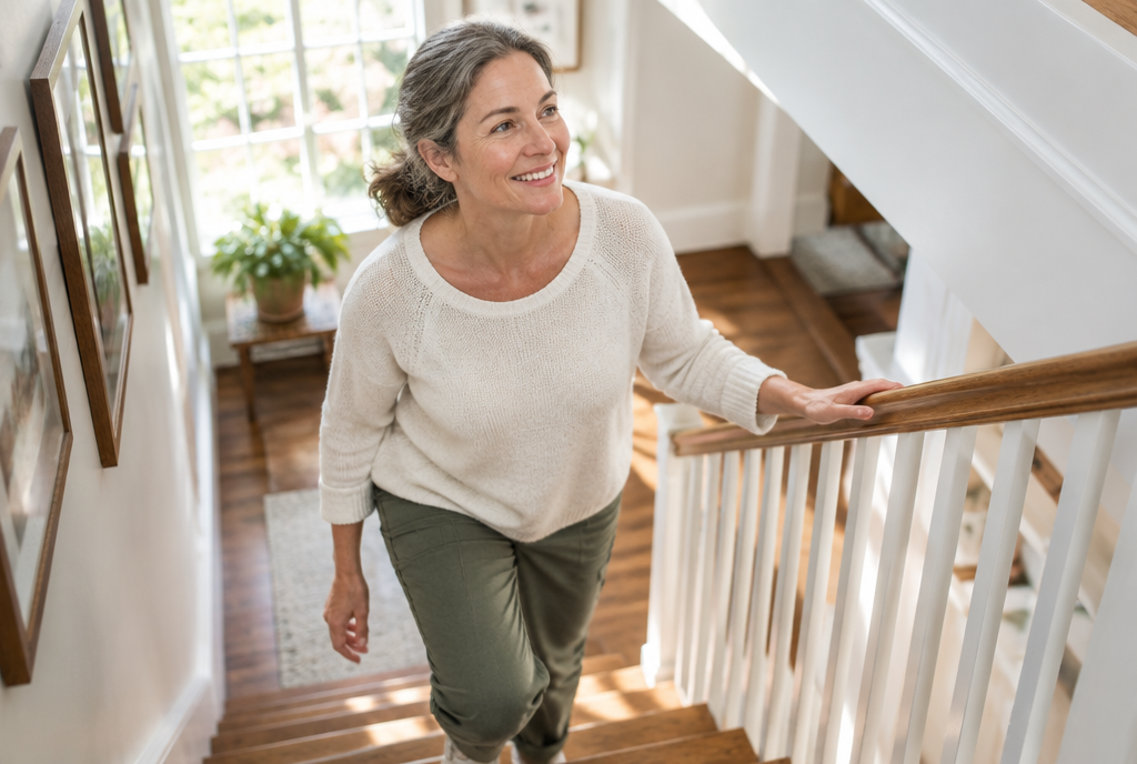 Active adult in their fifties mid-stride on a staircase in warm natural light